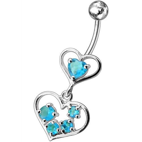 Fancy Jeweled Heart Dangling SS Bar Body Belly Ring - Monster Piercing