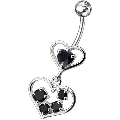 Fancy Jeweled Heart Dangling SS Bar Body Belly Ring - Monster Piercing