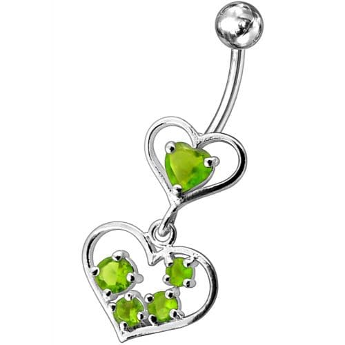 Fancy Jeweled Heart Dangling SS Bar Body Belly Ring - Monster Piercing