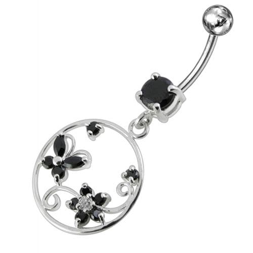 Jeweled Fancy Silver Dangling SS Curved Bar Belly Ring - Monster Piercing