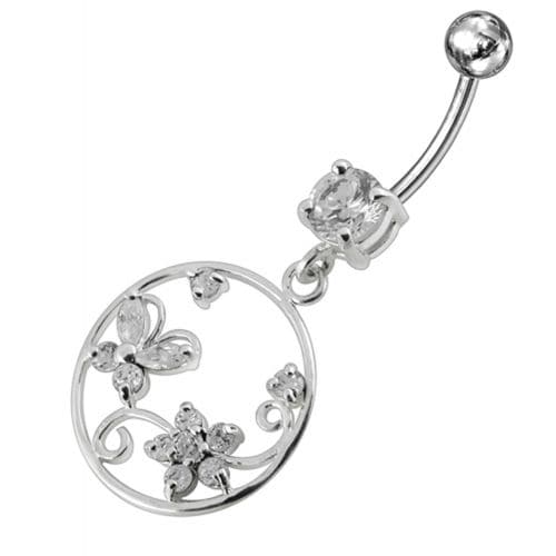 Jeweled Fancy Silver Dangling SS Curved Bar Belly Ring - Monster Piercing