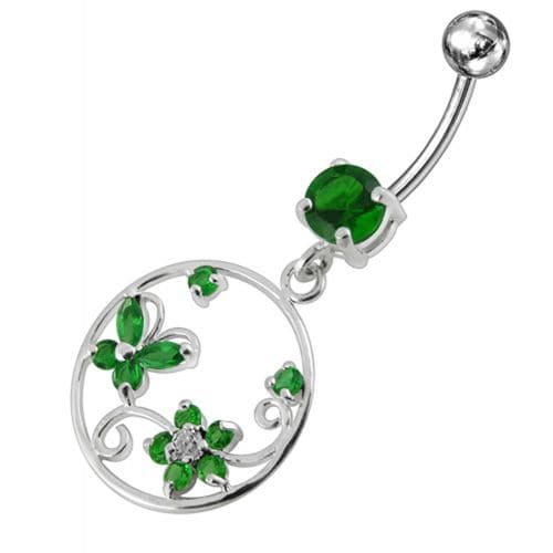 Jeweled Fancy Silver Dangling SS Curved Bar Belly Ring - Monster Piercing