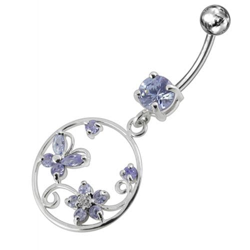 Jeweled Fancy Silver Dangling SS Curved Bar Belly Ring - Monster Piercing