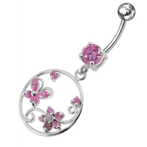 Jeweled Fancy Silver Dangling SS Curved Bar Belly Ring - Monster Piercing