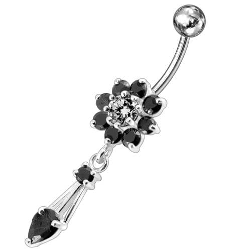 Jeweled Fancy Flower Dangling SS Banana Bar Navel Ring - Monster Piercing