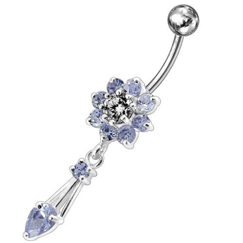 Jeweled Fancy Flower Dangling SS Banana Bar Navel Ring - Monster Piercing