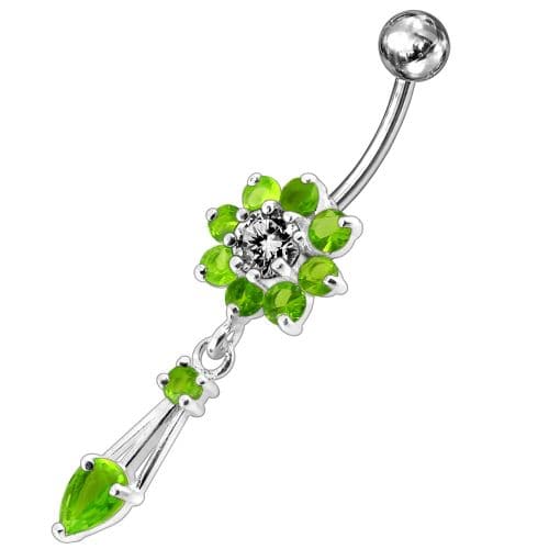 Jeweled Fancy Flower Dangling SS Banana Bar Navel Ring - Monster Piercing