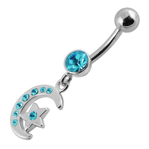 Jeweled Star Moon Fancy Silver Dangling SS Bananna Bar Belly Ring - Monster Piercing