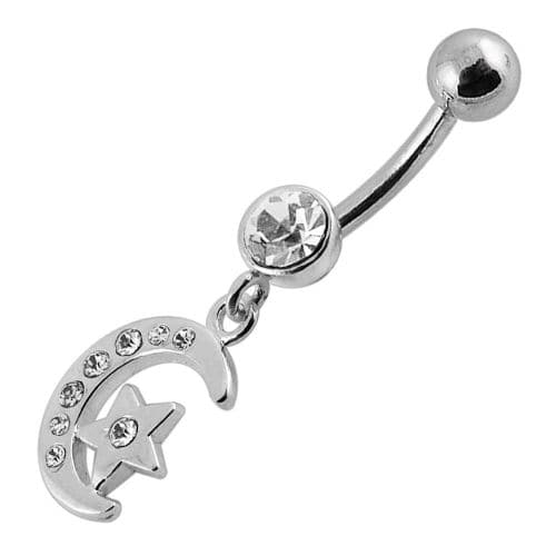 Jeweled Star Moon Fancy Silver Dangling SS Bananna Bar Belly Ring - Monster Piercing