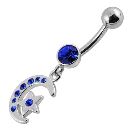 Jeweled Star Moon Fancy Silver Dangling SS Bananna Bar Belly Ring - Monster Piercing