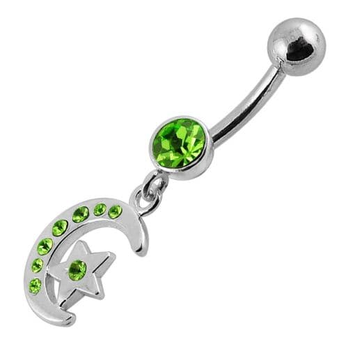 Jeweled Star Moon Fancy Silver Dangling SS Bananna Bar Belly Ring - Monster Piercing