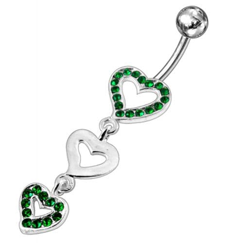 Triple Jeweled Heart Silver Dangling SS Navel Banana Ring - Monster Piercing