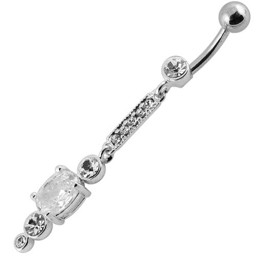 Silver Jeweled Fancy Dangling SS Bar Banana Navel Ring - Monster Piercing