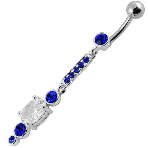 Silver Jeweled Fancy Dangling SS Bar Banana Navel Ring - Monster Piercing