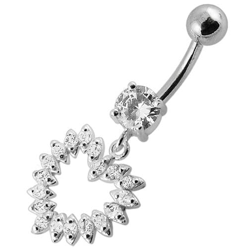 Jeweled Fancy Heart Silver Dangling Banana Bar Navel Belly Ring - Monster Piercing