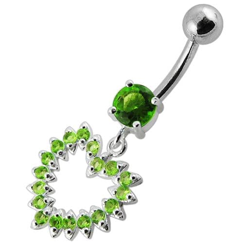 Jeweled Fancy Heart Silver Dangling Banana Bar Navel Belly Ring - Monster Piercing