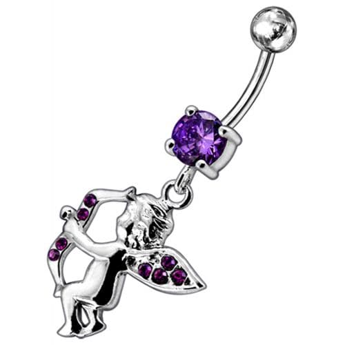 Jeweled Fancy  Angel Silver Dangling SS Bar Curved Belly Ring - Monster Piercing