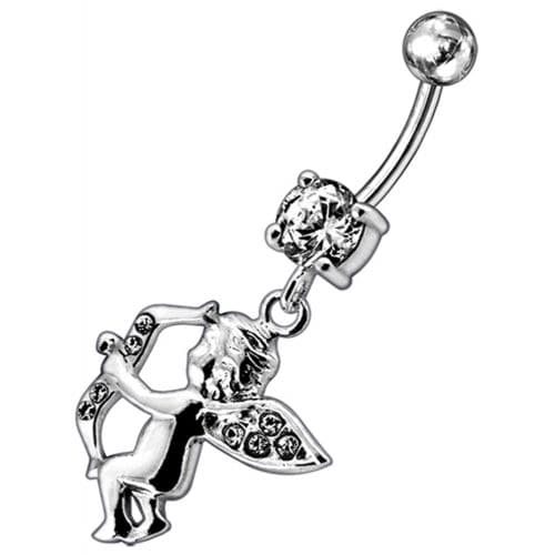 Jeweled Fancy  Angel Silver Dangling SS Bar Curved Belly Ring - Monster Piercing