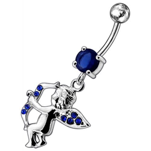 Jeweled Fancy  Angel Silver Dangling SS Bar Curved Belly Ring - Monster Piercing