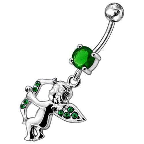 Jeweled Fancy  Angel Silver Dangling SS Bar Curved Belly Ring - Monster Piercing