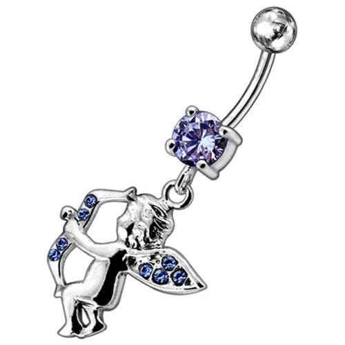 Jeweled Fancy  Angel Silver Dangling SS Bar Curved Belly Ring - Monster Piercing