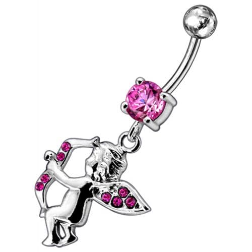 Jeweled Fancy  Angel Silver Dangling SS Bar Curved Belly Ring - Monster Piercing