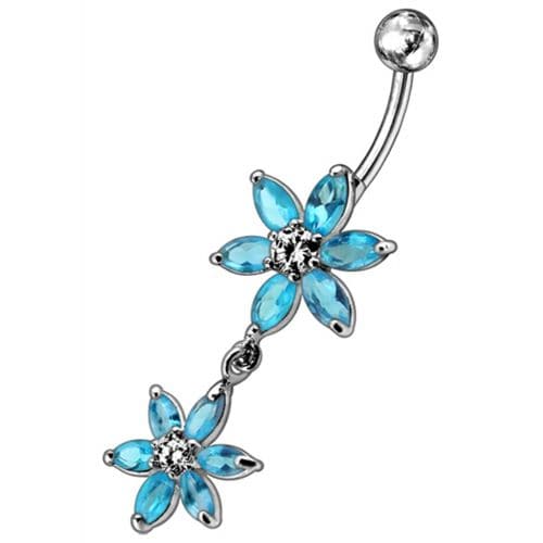 Silver Jeweled Flower Dangling SS Curved Belly Ring - Monster Piercing