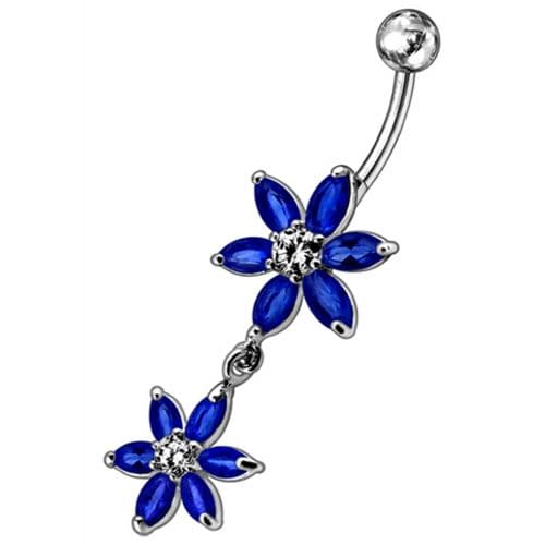 Silver Jeweled Flower Dangling SS Curved Belly Ring - Monster Piercing