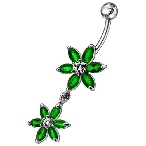 Silver Jeweled Flower Dangling SS Curved Belly Ring - Monster Piercing