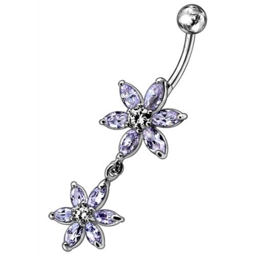 Silver Jeweled Flower Dangling SS Curved Belly Ring - Monster Piercing