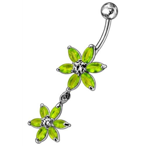 Silver Jeweled Flower Dangling SS Curved Belly Ring - Monster Piercing