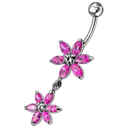 Silver Jeweled Flower Dangling SS Curved Belly Ring - Monster Piercing