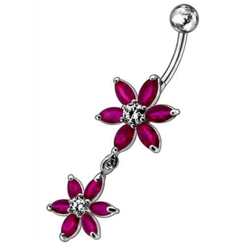 Silver Jeweled Flower Dangling SS Curved Belly Ring - Monster Piercing