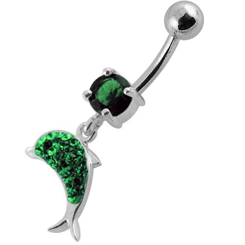 Jeweled Dolphin Silver Dangling Navel Ring - Monster Piercing