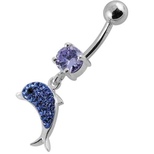 Jeweled Dolphin Silver Dangling Navel Ring - Monster Piercing