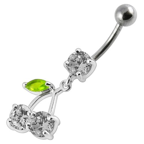 Cherry Jeweled Fancy Silver Dangling Belly Ring With SS Bar - Monster Piercing