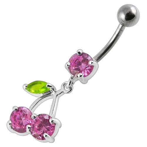 Cherry Jeweled Fancy Silver Dangling Belly Ring With SS Bar - Monster Piercing