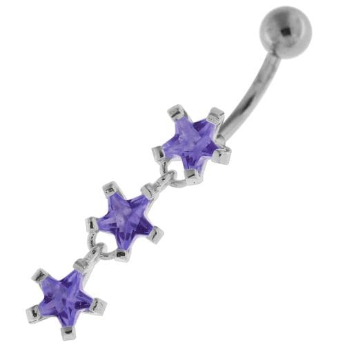 Dangling Tri Stars Sterling Silver Navel Belly Button Bar - Monster Piercing