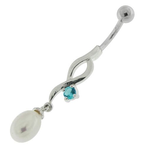 Jeweled And Pearl Silver Fancy Dangling Curved Bar Belly Ring - Monster Piercing