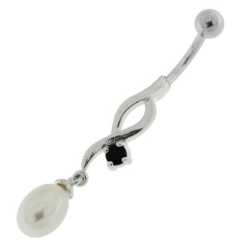 Jeweled And Pearl Silver Fancy Dangling Curved Bar Belly Ring - Monster Piercing