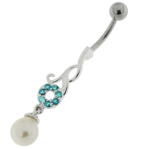 Jeweled Fancy Pearl Dangling Steel Banana Bar Navel Belly Ring - Monster Piercing