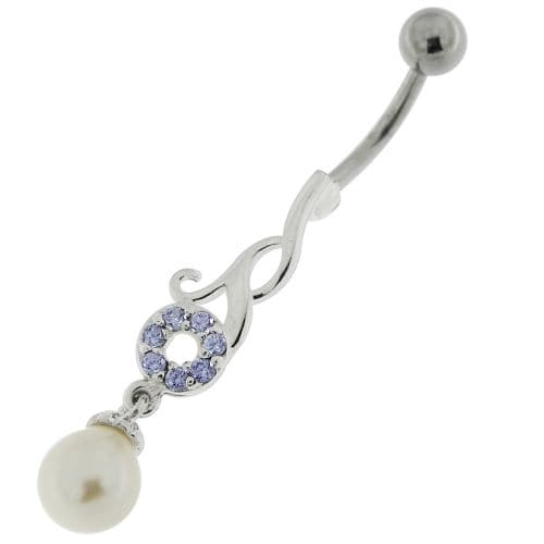 Jeweled Fancy Pearl Dangling Steel Banana Bar Navel Belly Ring - Monster Piercing