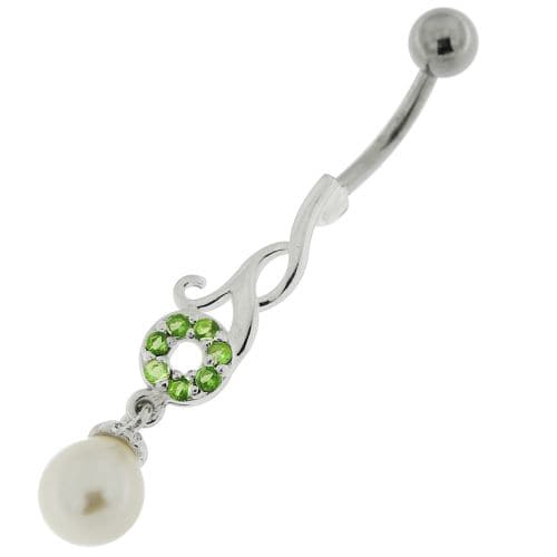 Jeweled Fancy Pearl Dangling Steel Banana Bar Navel Belly Ring - Monster Piercing