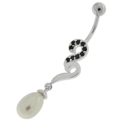 Pearl Jeweled Fancy Silver Dangling Banana Bar Navel Belly Ring - Monster Piercing