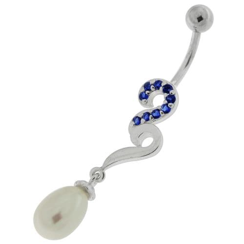 Pearl Jeweled Fancy Silver Dangling Banana Bar Navel Belly Ring - Monster Piercing