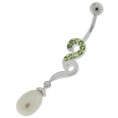 Pearl Jeweled Fancy Silver Dangling Banana Bar Navel Belly Ring - Monster Piercing