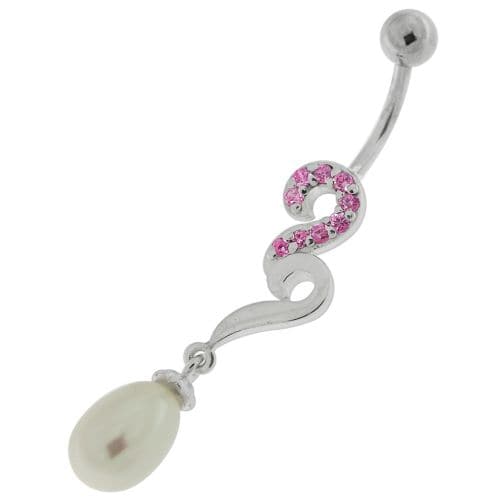 Pearl Jeweled Fancy Silver Dangling Banana Bar Navel Belly Ring - Monster Piercing