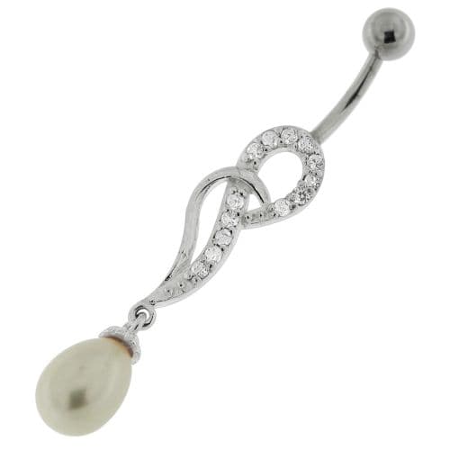 Jeweled Fancy Pearl Silver Dangling Curved Bar Belly Ring - Monster Piercing