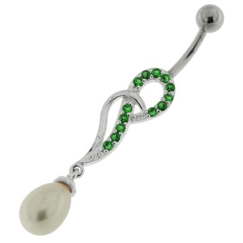 Jeweled Fancy Pearl Silver Dangling Curved Bar Belly Ring - Monster Piercing