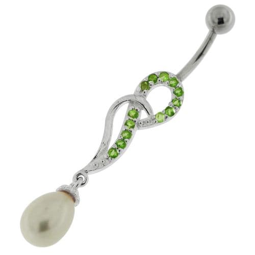 Jeweled Fancy Pearl Silver Dangling Curved Bar Belly Ring - Monster Piercing